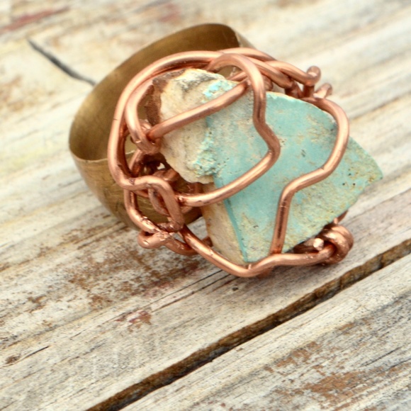 Genuine Royston Turquoise Ring 7.5 Brass Copper - Picture 3 of 5